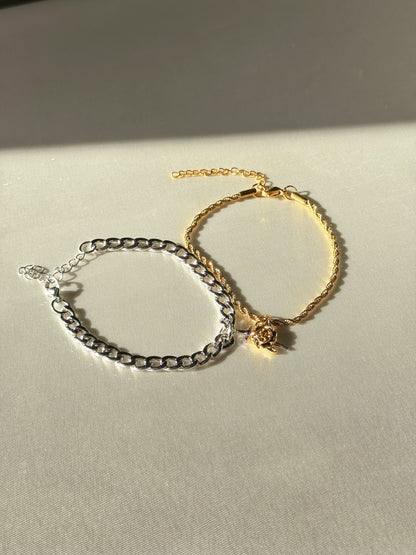 Steel Chain Rose & Sword Matching Bracelets