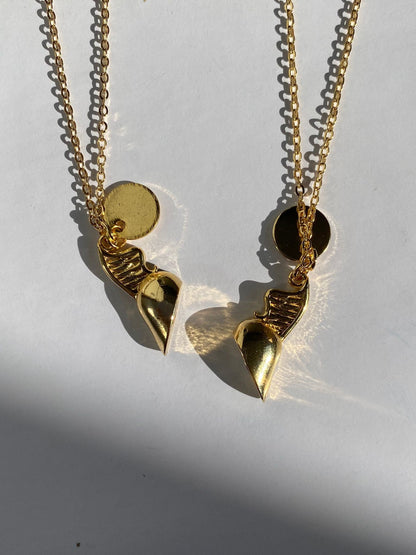 24k Gold Plated 2pcs Magnetic Wings Heart Love Necklace, BFF Heart Necklace, Love Necklace, Magnetic Initial Couple Necklace, Heart to Heart