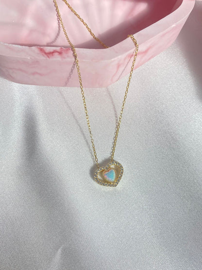 925 Rainbow Opal Stone Heart Necklace, Zircon Filled Heart, October Necklace, Trendy Bridal Jewelry, OPAL Heart Charm Necklace